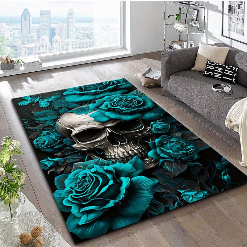 Dark Gothic Skull Rug,Metallic Skull with Teal Roses Non-Slip Floor Mat for Bedroom & Living Room, Edgy Exotic Home Decor Carpet