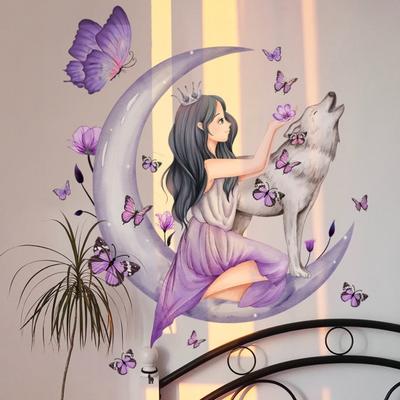 Hintergrundaufkleber, kreativ, selbstklebend, exquisites Schlafzimmer, Mond, Wolf, Schmetterlinge, Wanddekoration