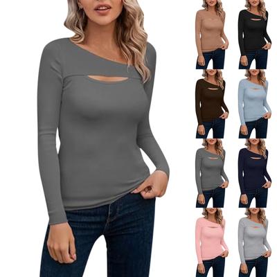 Damenmode, einfarbig, langärmelig, sexy, schmal geschnittenes T-Shirt, ausgehöhlte Oberseite, Unterseite