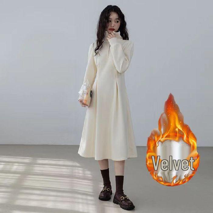 Women s Velvet Winter Dress, Polo Collar, Waffle Knit, Waist-Cinching, Slimming, Mid-Length, Long Sleeve M абрикосовый