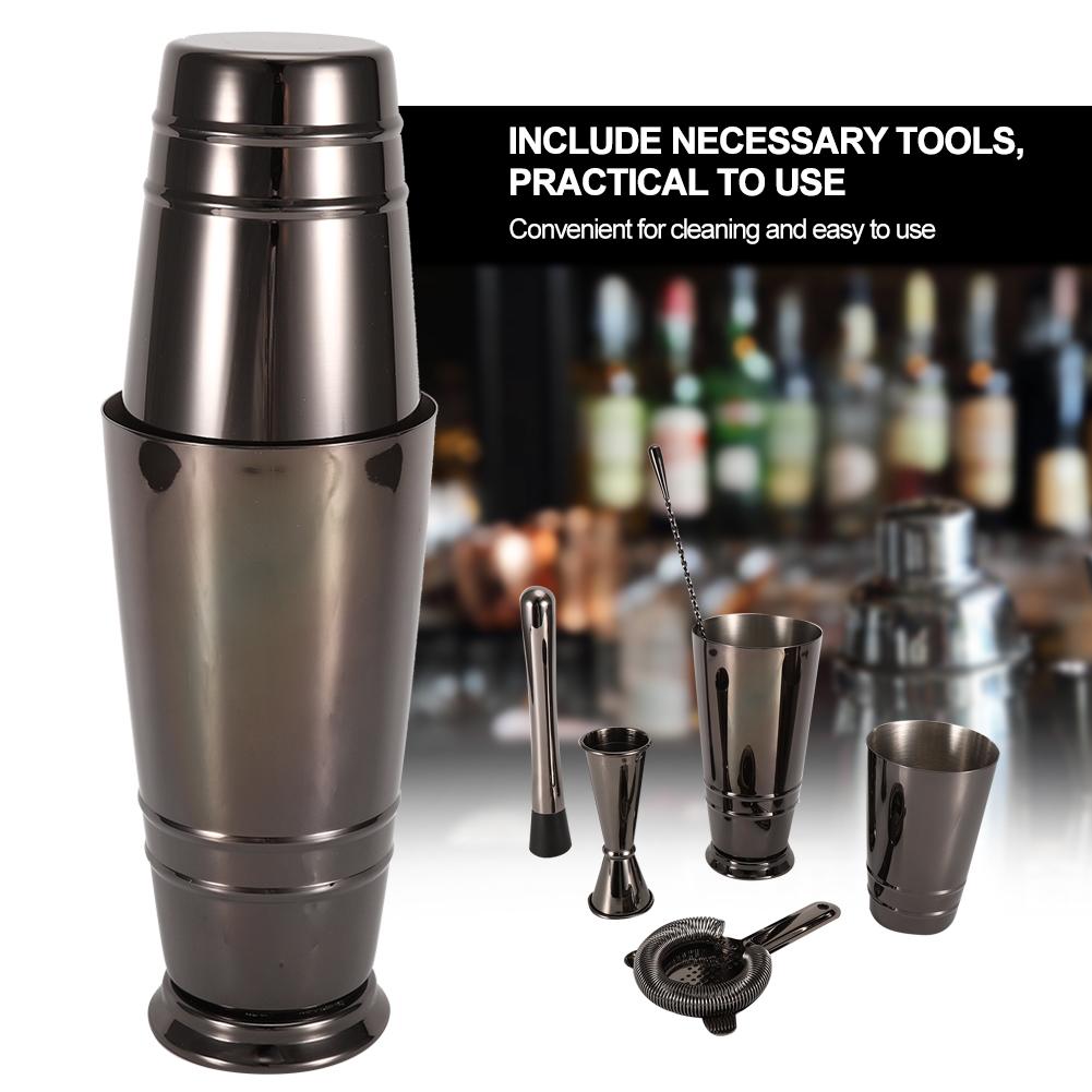 5Pcs/Set Black Stainless Steel Boston Cocktail Shaker Measuring Cup Strainer Mixing Spoon Set