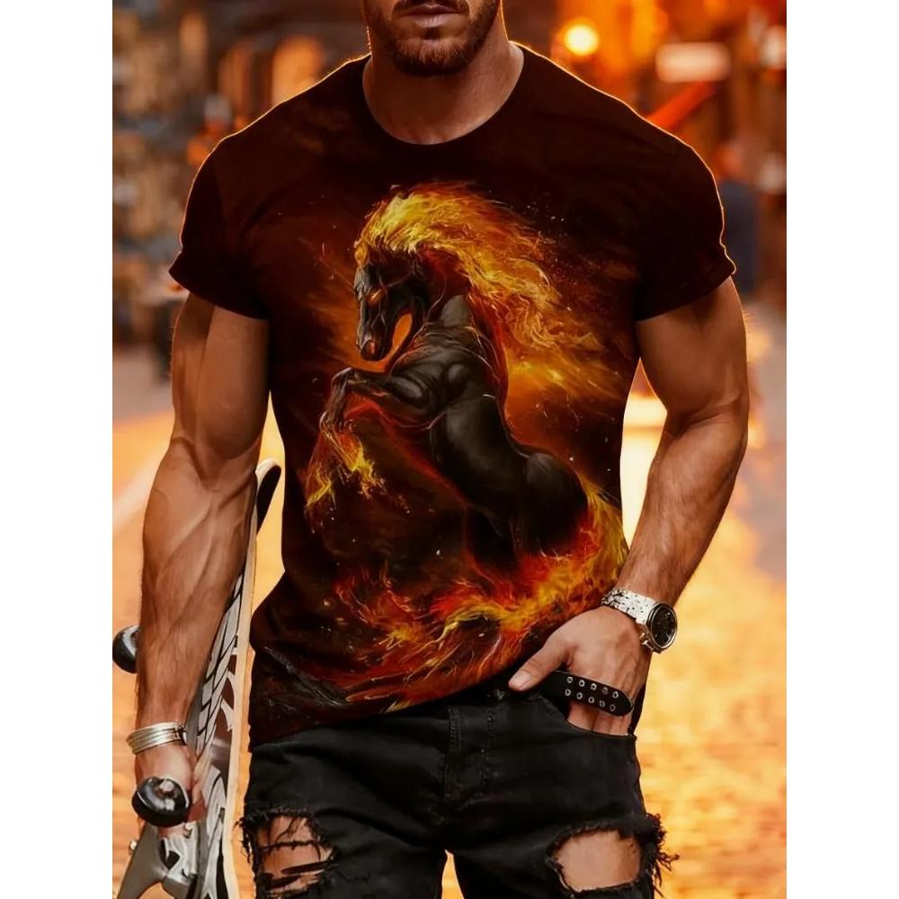 Men's Animal Print Top Fashion Versatile Short-sleeved Casual T-shirt Loose Comfortable T-Shirts Men’s