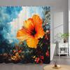 1Pc Tropical Hibiscus Shower Curtain - Vibrant Orange Flower & Green Leaves Design, Realistic Nature Art With Dramatic Cloudy
