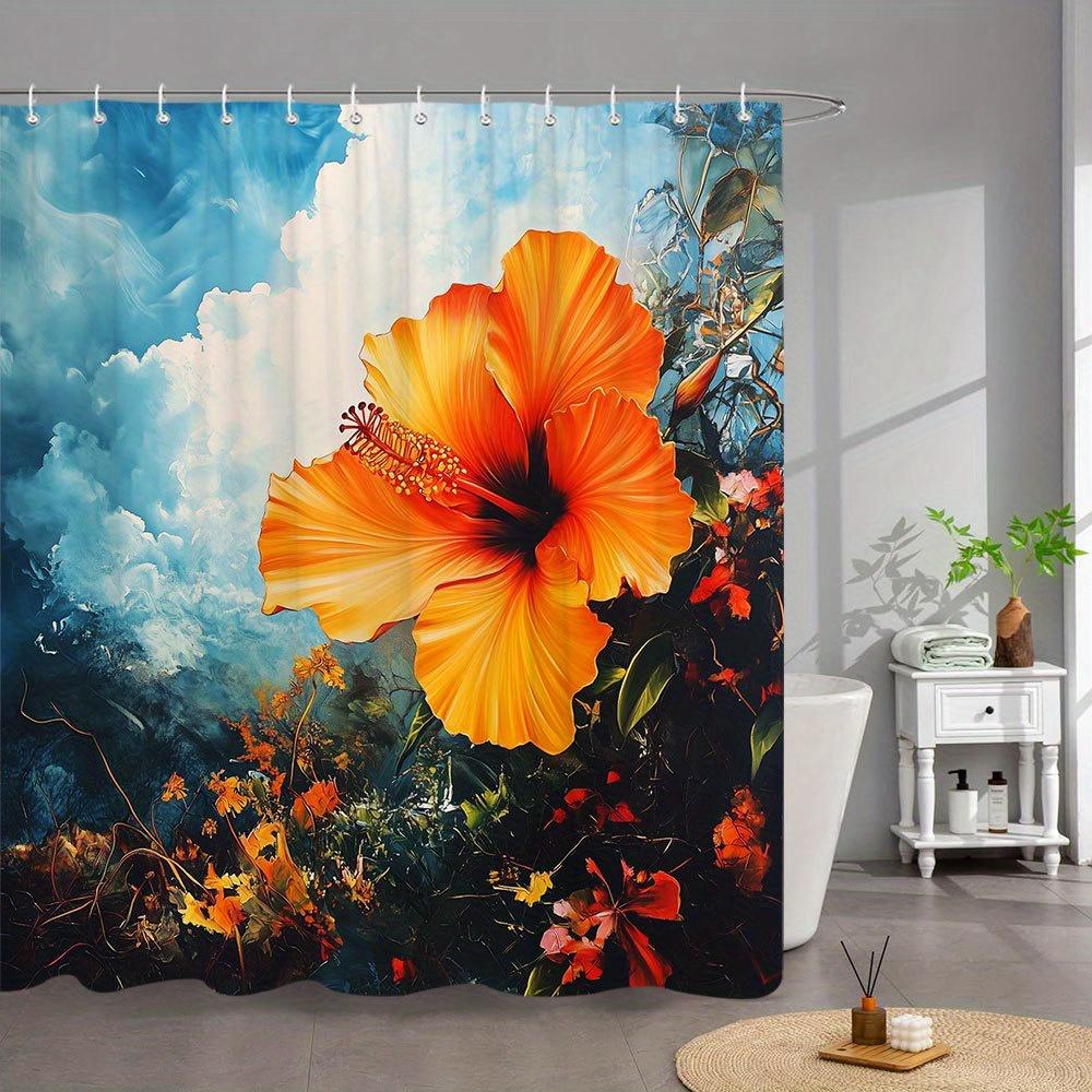 1Pc Tropical Hibiscus Shower Curtain - Vibrant Orange Flower & Green Leaves Design, Realistic Nature Art With Dramatic Cloudy