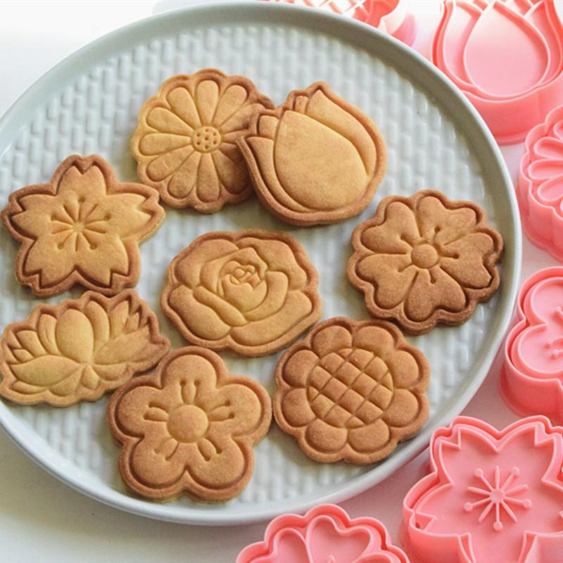 8pcs/set Flower Shape Cookie Cutters 3D Biscuit Mold Cookies Stamp DIY Fondant Cake Sunflower Rose Tulip Mould Pastry Bakeware