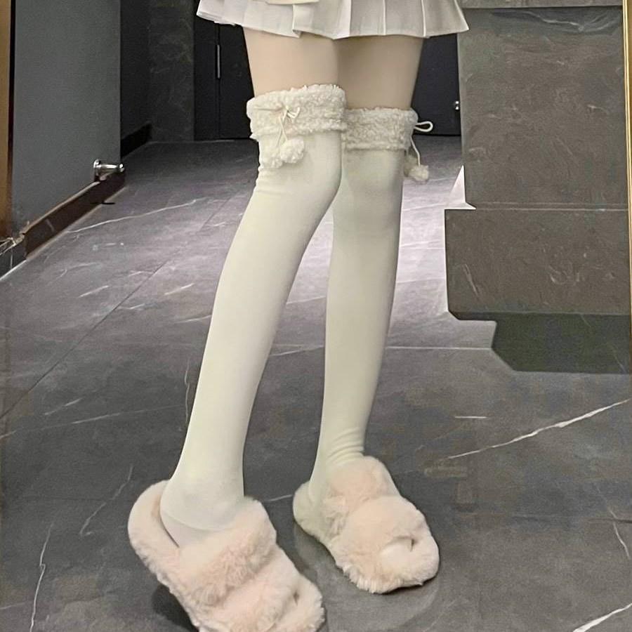 Autumn And Winter Thickened Lamb Wool Cute Sweet Ball Velvet Vertical Stripe Cotton Micro Pressure High Tube Knee Socks Long Tube