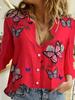 Fashion Retro Butterfly Group Print Long Sleeve Blouse Spring Spring Lapel Button Casual Blouse Ladies Home Shirt