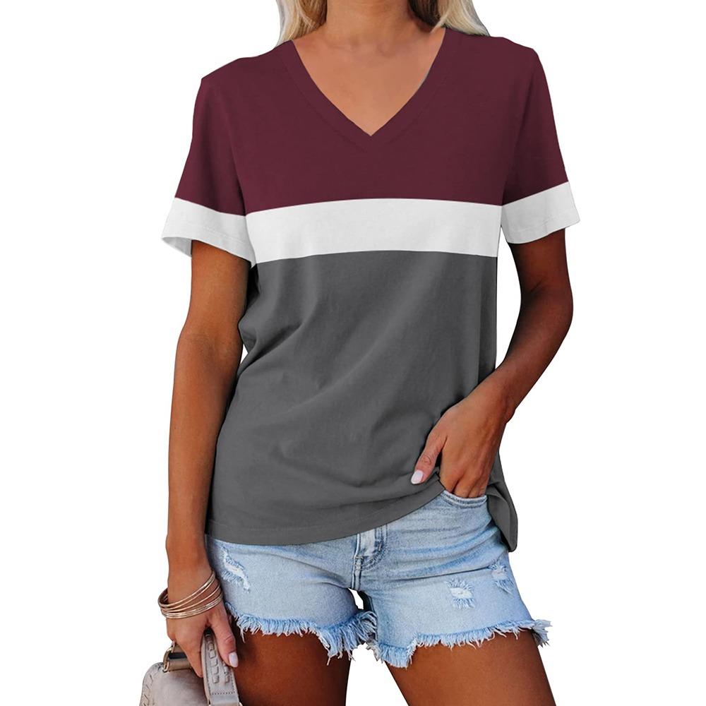 Women's V-Neck Short Sleeve Vintage Striped T-Shirt High Quality Comfortable Short Sleeve Loose Version Breathable T-Shirt Top