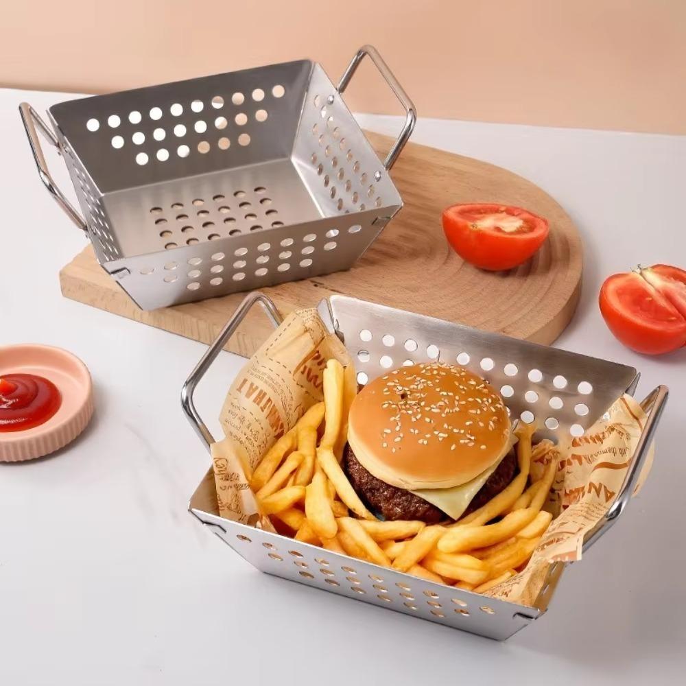 Non-stick Stainless Steel Grilling Tray Double Handle Noodle Strainer  Kitchen Tool