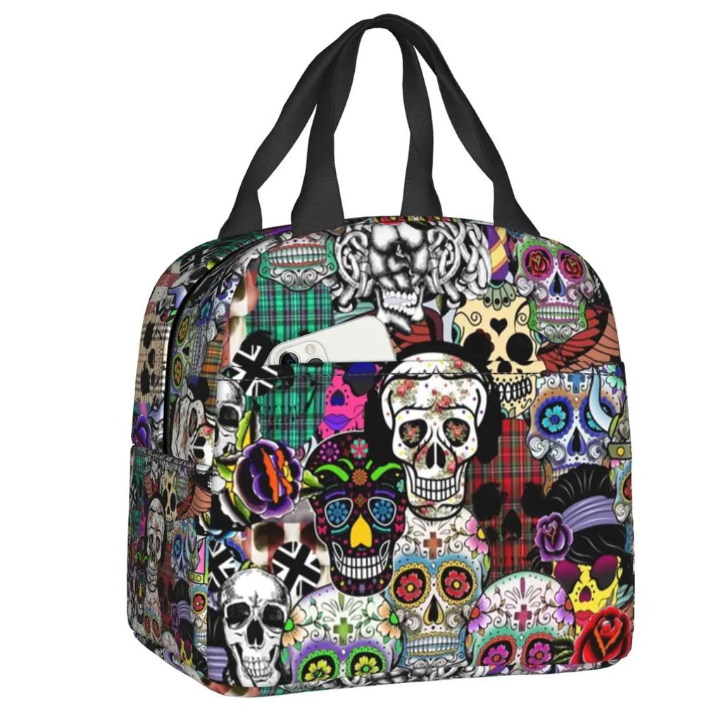 Navy Fade Victorian Lace Skull Resuable Lunch Box Multifunction Mexican Day Of The Dead Thermal Cooler Food Insulated Lunch Bag