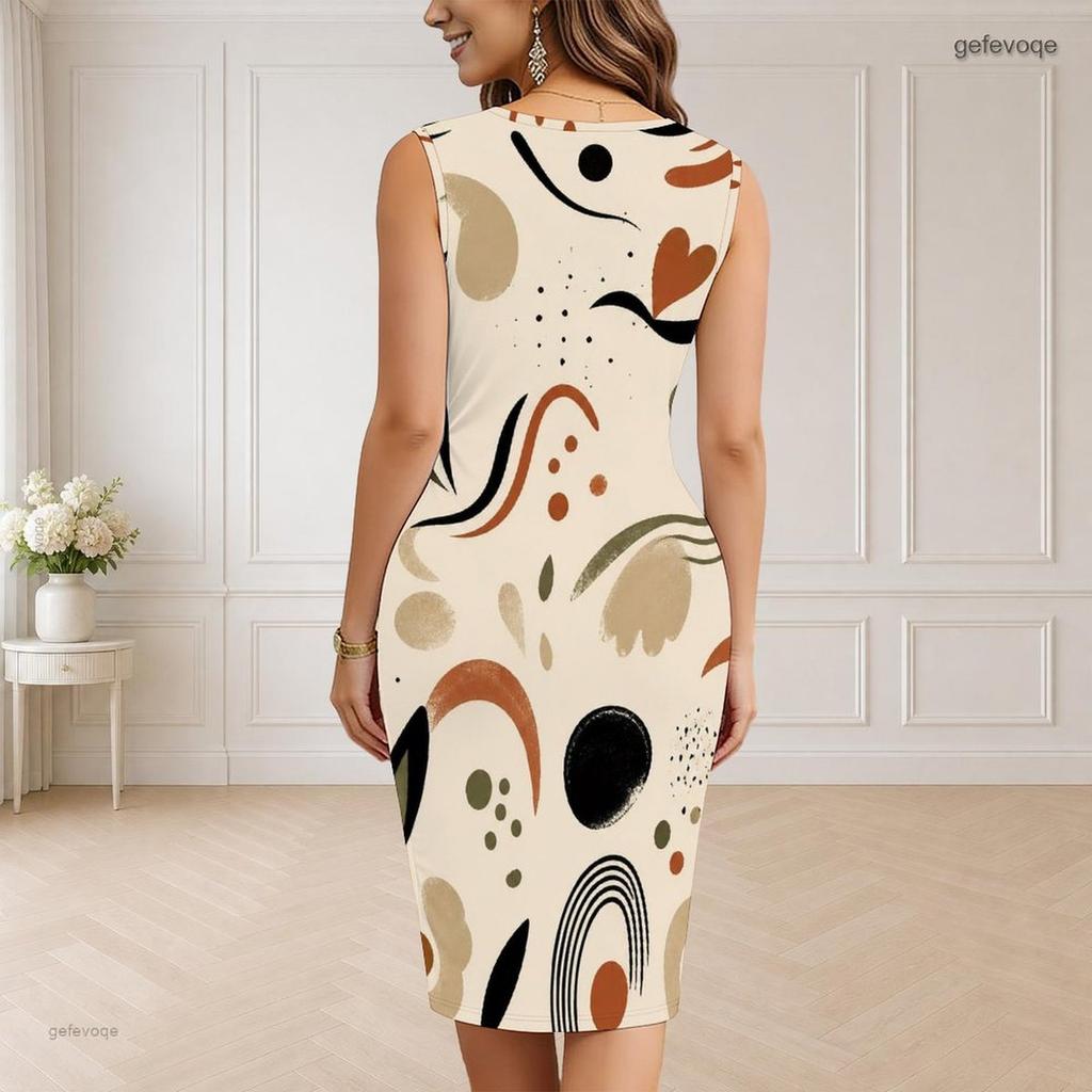 Women Plus Size V Neck Sleeveless Abstract Geometric Printed Bodycon Midi Dress