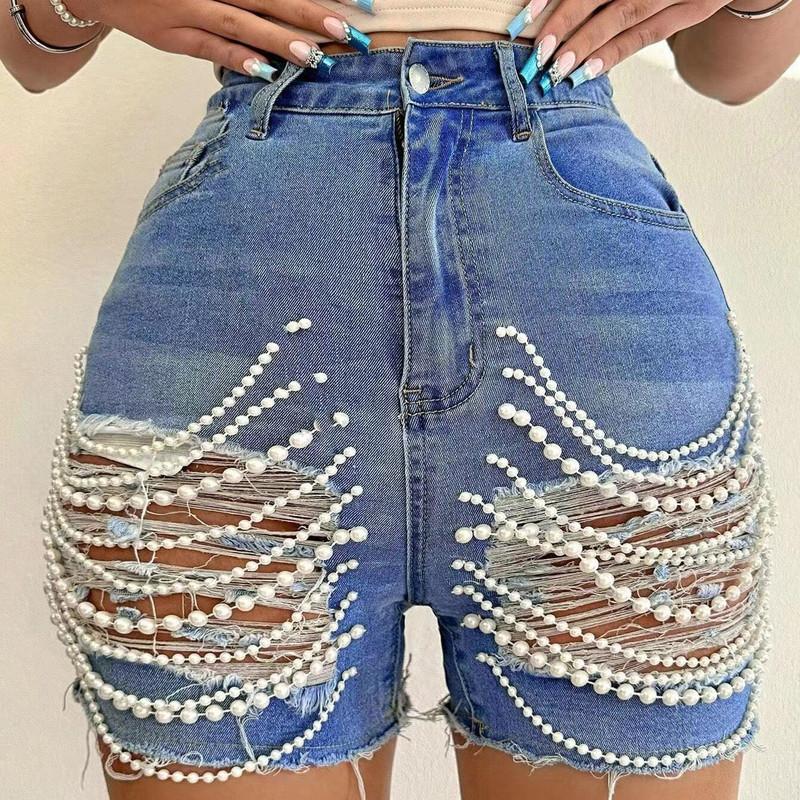 

Жемчужные джинсовые шорты женские летние с высокой талией тонкие шорты ручной работы с цепочкой из бисера и отверстиями S синий