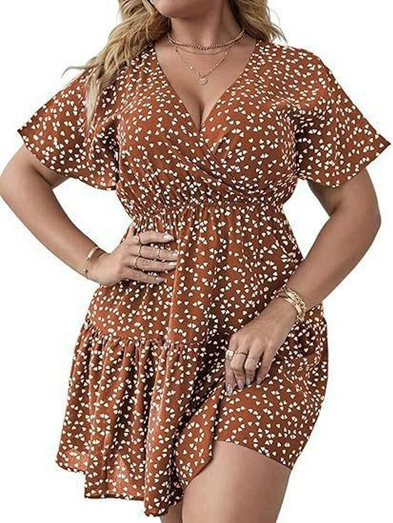 Europäisches & Amerikanisches Übergrößen Pünktchen V-Ausschnitt Rüschenkleid