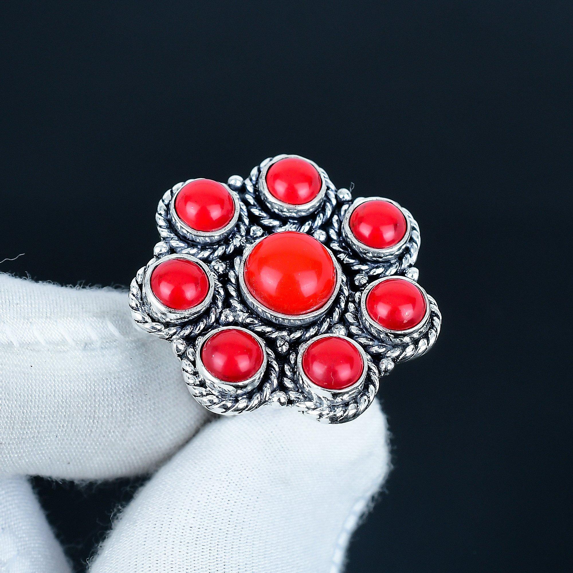 

Кольцо из натурального красного коралла ручной работы из стерлингового серебра 925 пробы - Богемное ювелирное кольцо - Ювелирные изделия бохо ручной работы для женщин и мужчин, Подарки на день рождения US 11 красный