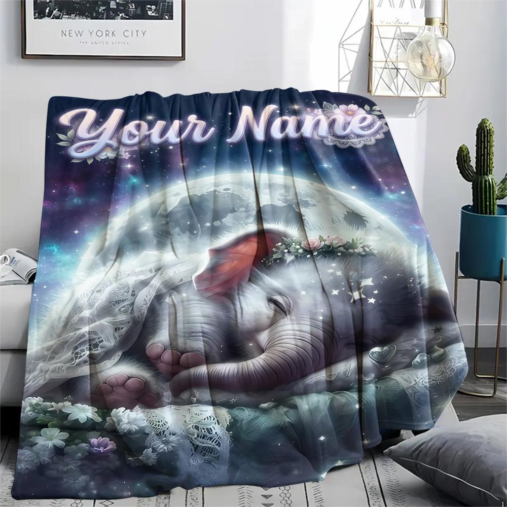 1PC Custom Name Moonlit Elephant Dreams Patterned Flannel Blanket Suitable For All Seasons for Home Decor Warmth and Comfort Gifts Holiday Present_lx