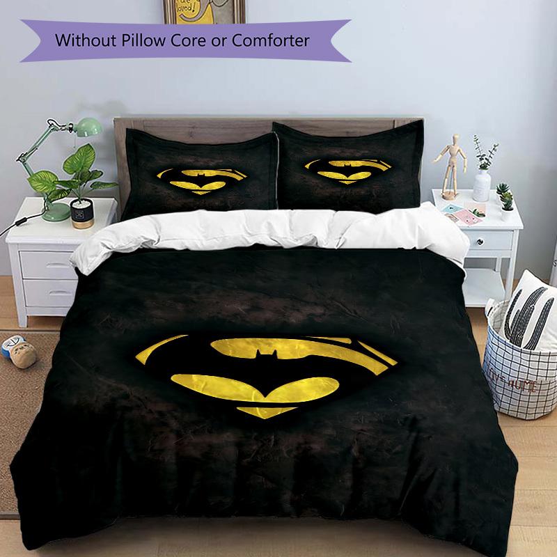 3pcs Batman Symbol Bedding Set, Soft Polyester Duvet Cover and Pillowcases Machine Washable Seasons All Suitable & Guest Room Decor309