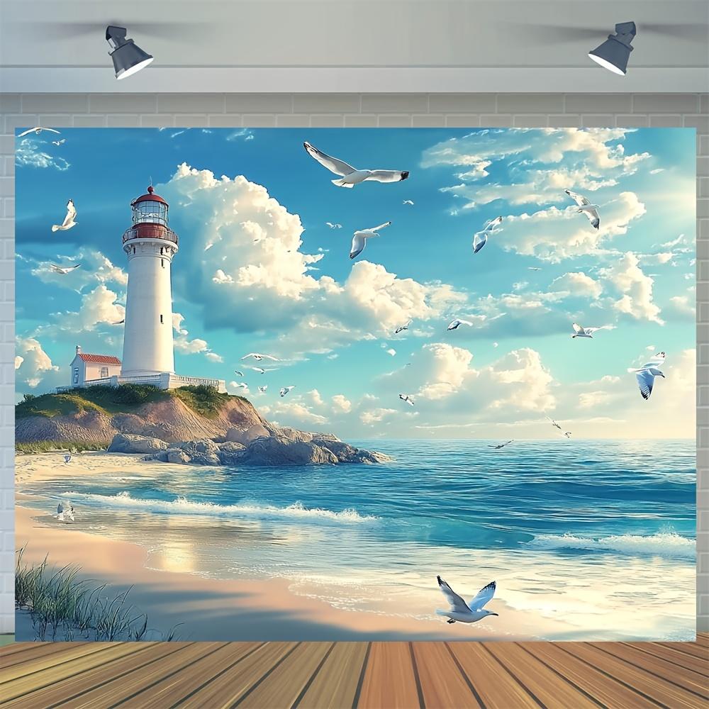Coastal style lighthouse beach scene background, universal holiday and party photography props