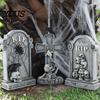 Vintage Style Horror Statue Halloween Skull Tombstone, Stone Look Retro Gothic Resin Creepy Scary Party Props Crow Gravestone Ornament for Outdoor