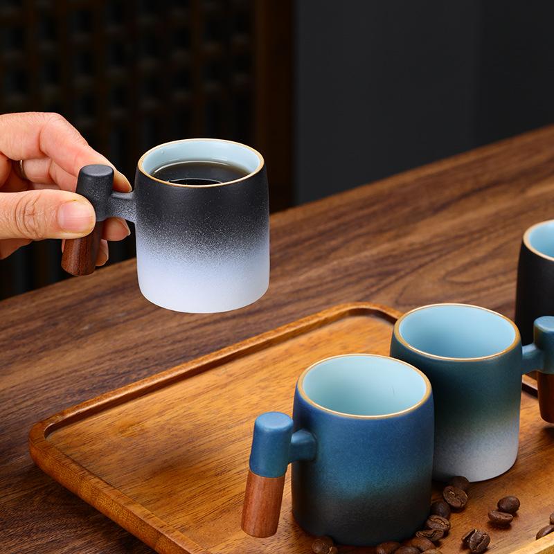 Ceramic Tea Cup Creative Wood Handle Retro Kung Fu Tea Set Single Cup Espresso Mug