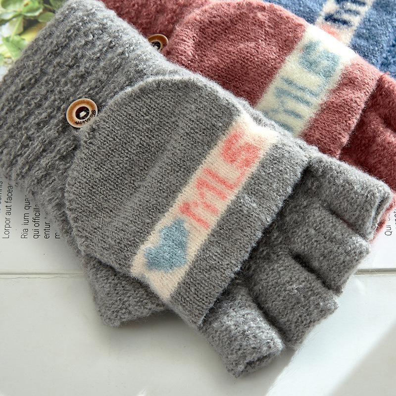 Winter Cute Gloves Winter Ladies Thickened Student Writing Half Finger Flip Warm Knitted Wool Cold