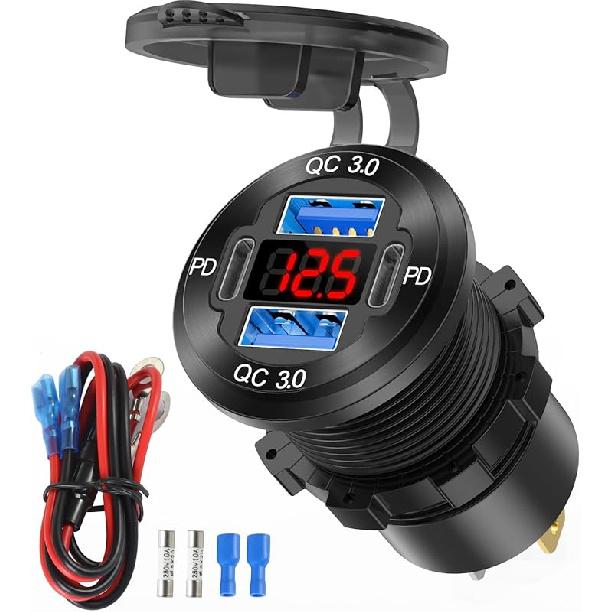 12V USB Outlet 4 Port Car Charger Socket, Dual PD USB C And Dual Quick Charge 3.0 Port Aluminum Charger With Red Voltmeter DIY Kit Waterproof For Car