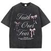 Pink Bow Letter Printed Washed T-shirt  Cotton Top Comfortable Anti Wrinkle Round Neck T-shirt Summer Neutral