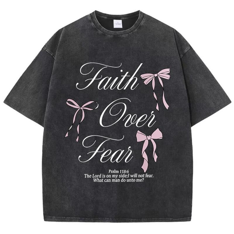 Pink Bow Letter Printed Washed T-shirt  Cotton Top Comfortable Anti Wrinkle Round Neck T-shirt Summer Neutral