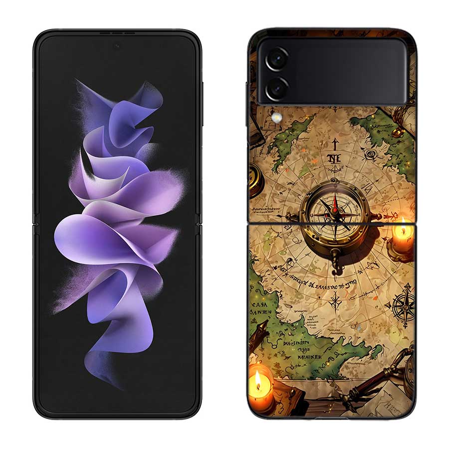 Compass Map Voyage Phone Case For Samsung Z Flip 7 6 5G Galaxy Z Flip 5 4 3 Black Hard Cell Cover Luxury PC Shell Coque