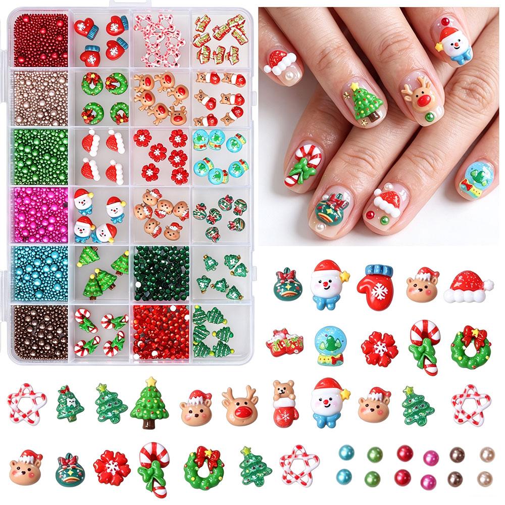 12grid 3D Kawaii Christmas Nail Charms Cute Santa Claus Snowman Bell Stocking Elk Wreath Nail Gems Resin Xmas Manicure Carft D2$