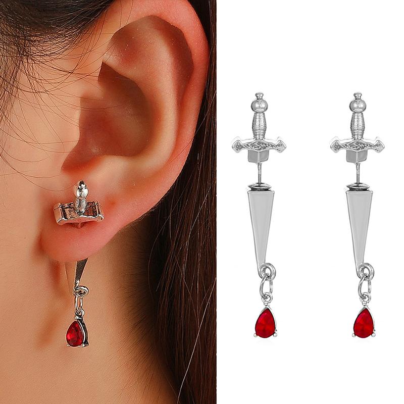Vintage Dark Gothic Kinitial Sword Earrings For Women Men Blade Piercing Earring Ear Jacket Punk Goth Halloween Jewelry Gift