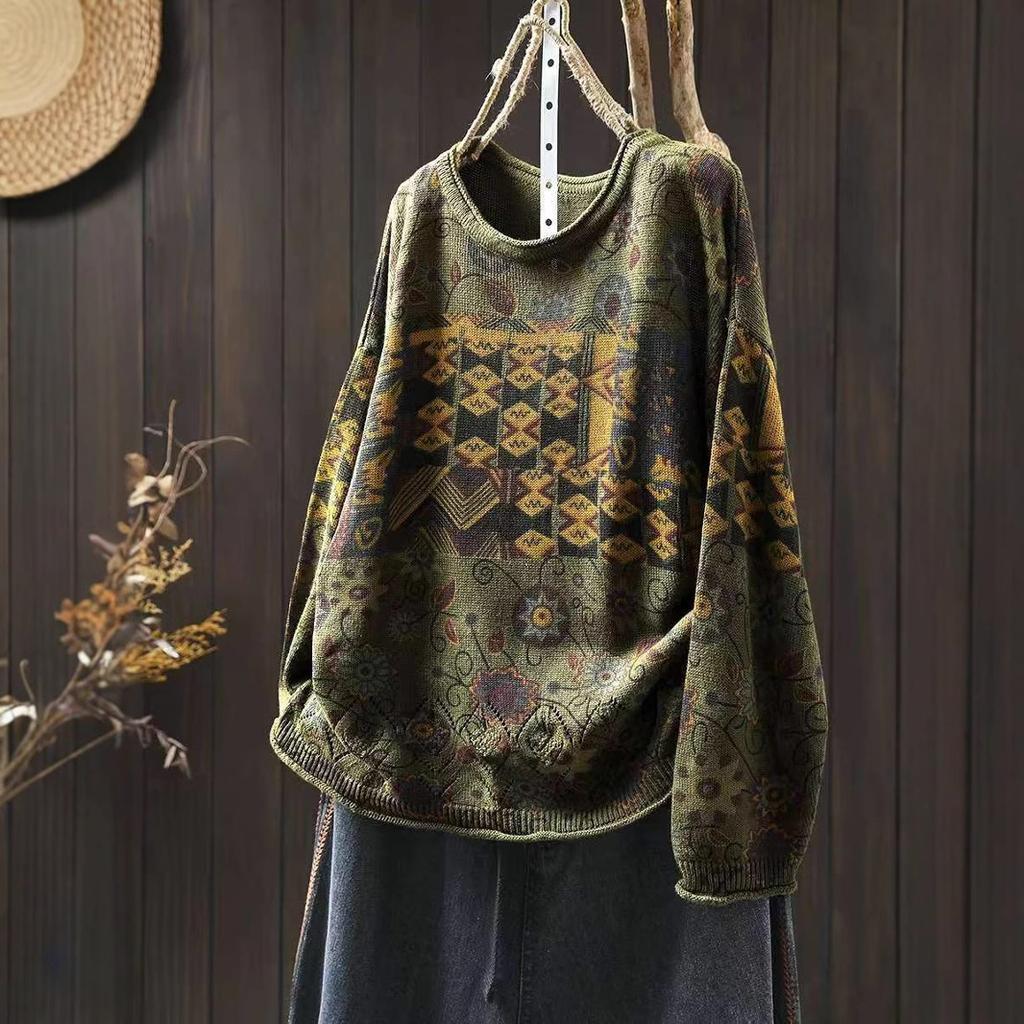 Vintage Printing Patchwork Sweater for Women Winter Fall Fashion O-neck Long Sleeve Loose Casual Pullover Knitting Pullover Tops
