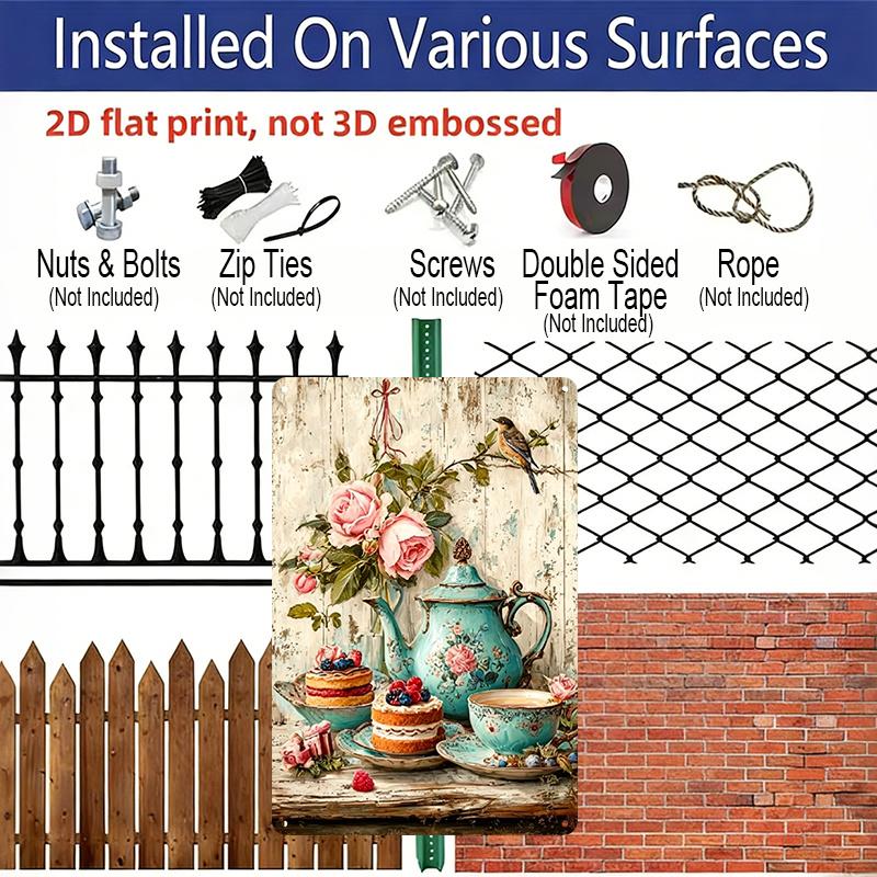 2D Flat, 1pc Vintage Tea Party Metal Sign - 8x12 Inch Rustic Aluminum Decor with Blue Teapot, Cakes Floral Design, Perfect for Living Room, Dining