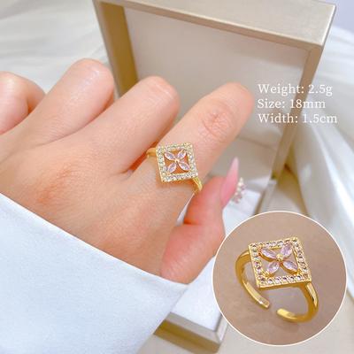 Real Gold Light Luxury Square Flower Ring Opening Adjustable Simple Jewelry Japanese Ring Couple Ring