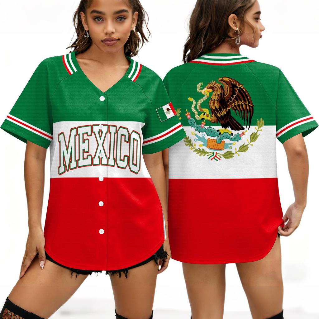 Women Baseball Jersey Shirt Short Sleeve Button Down Top with Mexico Letter Print Loose Fit Casual Style Sportswear