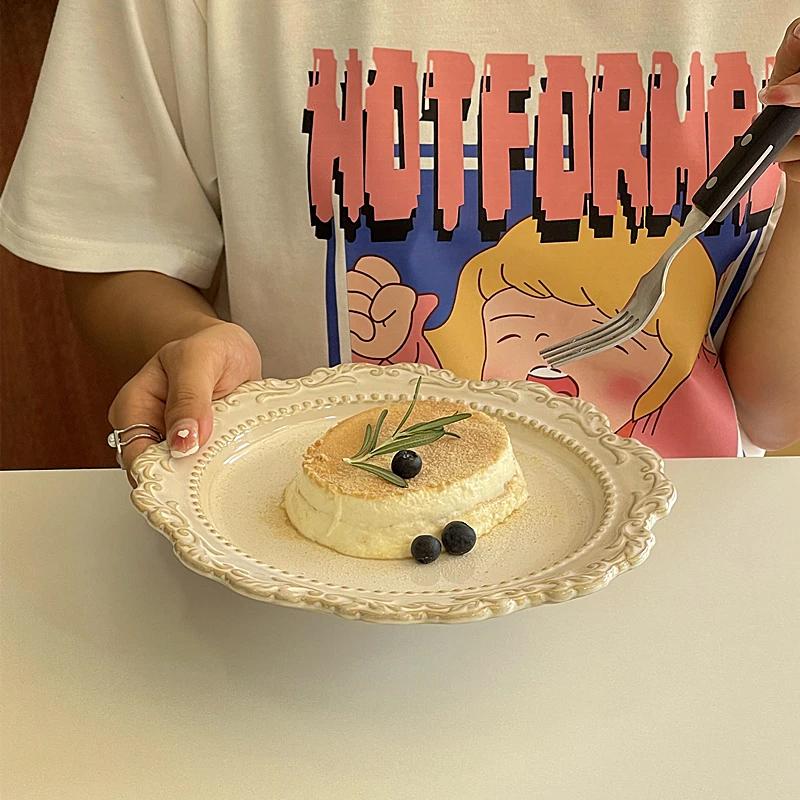 Vintage Relief Lace Ceramic Plates French Style Dessert Western Dishs Daily Household Cake Pasta Salad Plate
