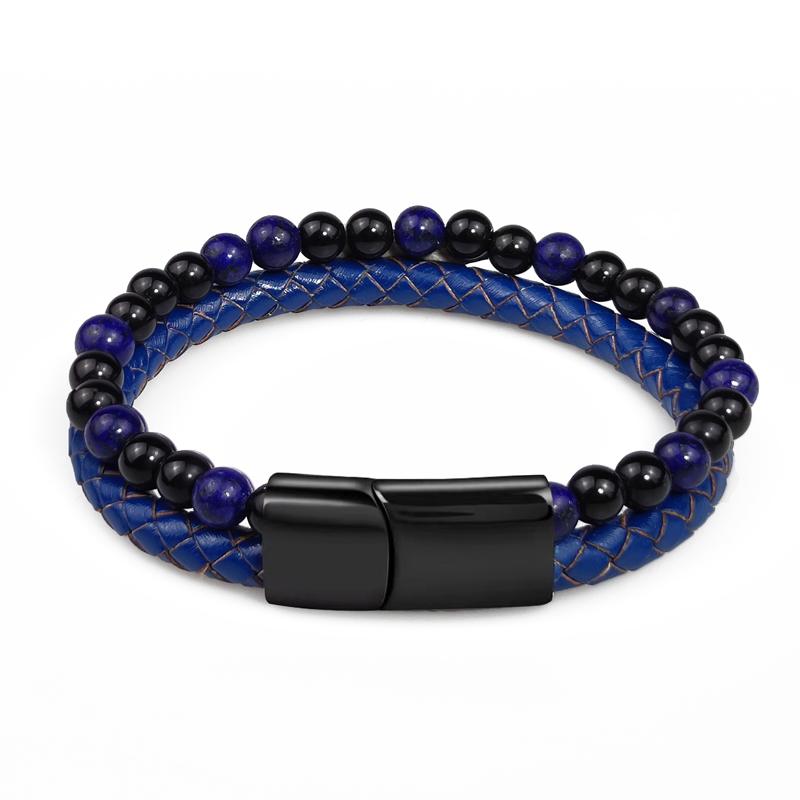 MingAo Mode Grüne Steinperlen Herren Armband Mehrschichtiges Lederarmband Punk Schmuck Edelstahl Magnetverschluss Armreifen