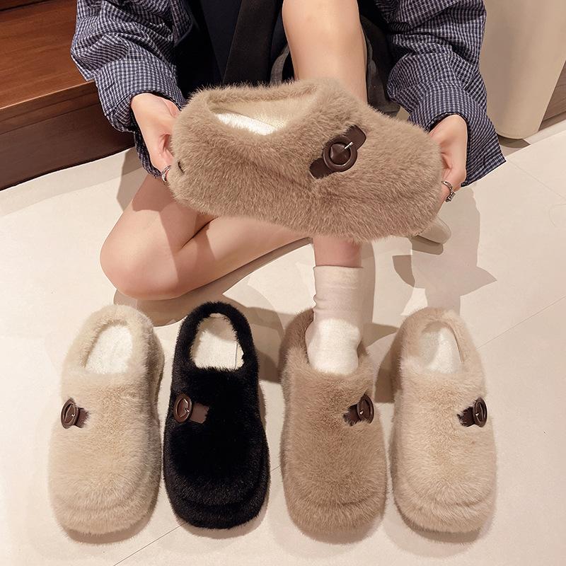 Lamb wool slippers women's winter velvet outer wear one pedal and half drag women's shoes 2025 new thick-soled bag head cotton drag