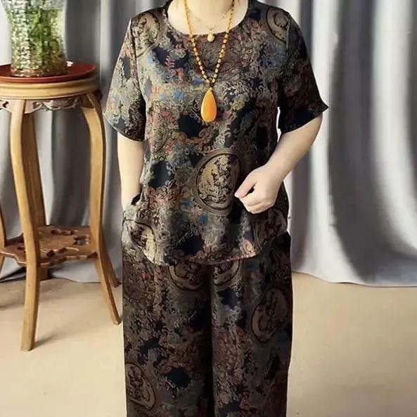 

WTEMPO летние модные брючные костюмы для мам, свободные повседневные топы с короткими рукавами с принтом в стиле ретро + широкие брюки, комплект из двух предметов 3XL чёрный