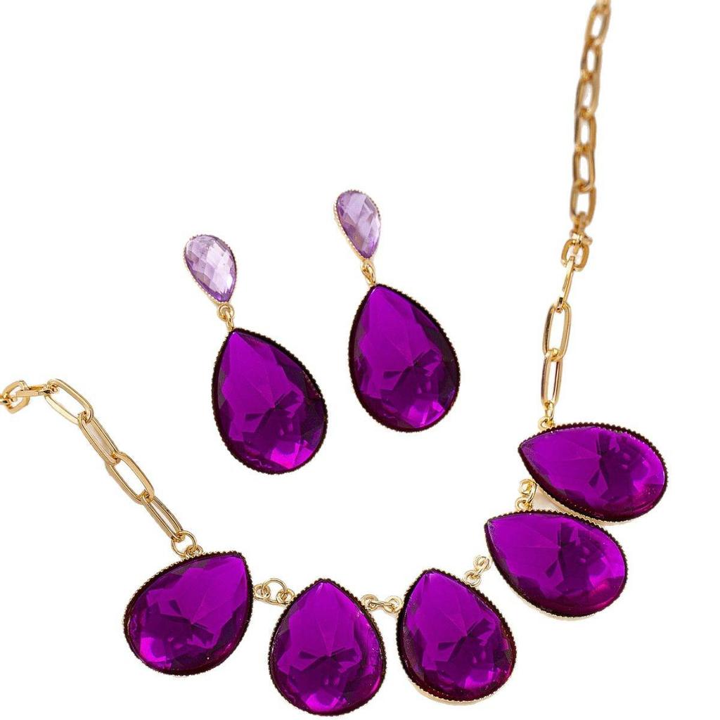 Elegant Geometric Purple Teardrop Jewelry Set: Pendant Necklace and Stud Earrings
