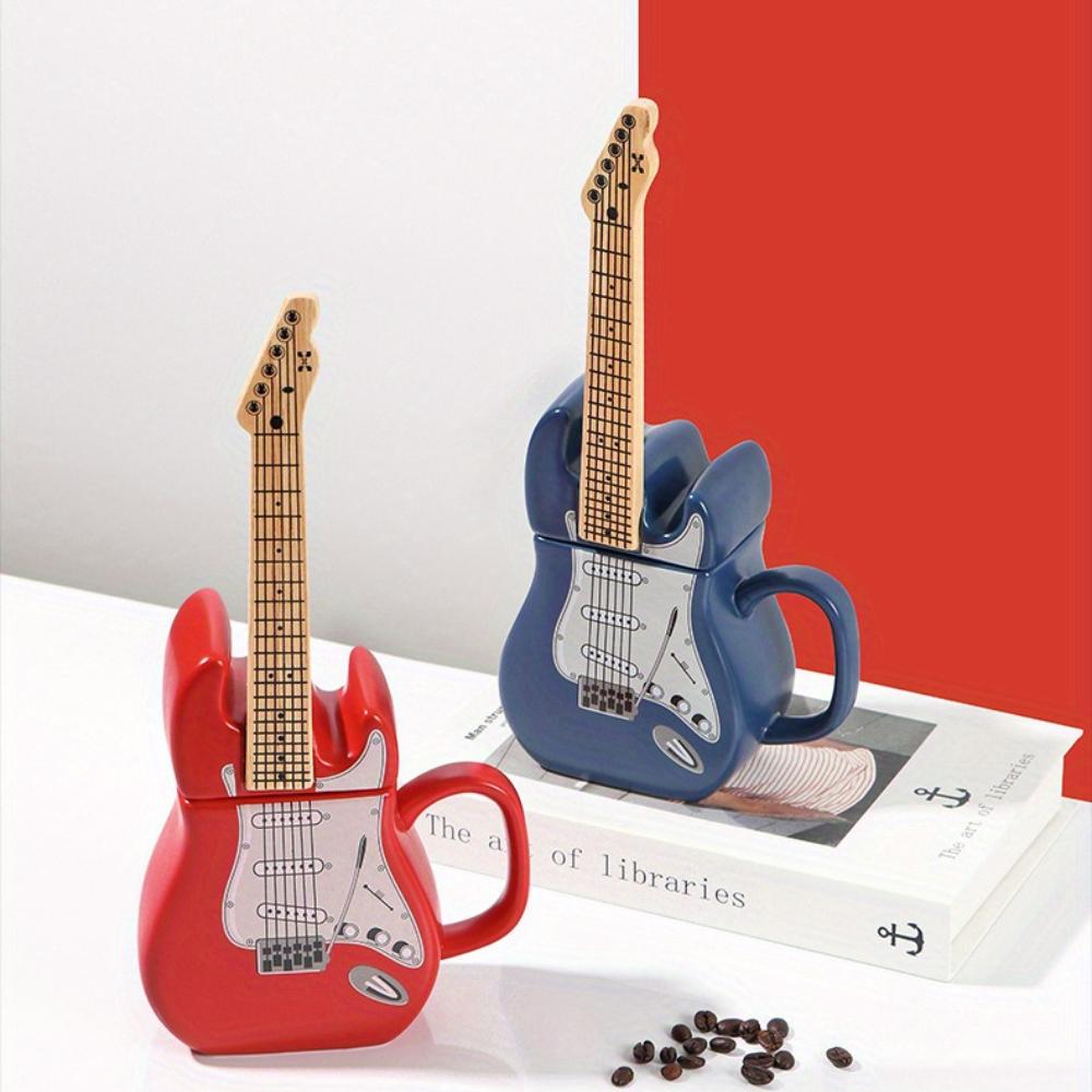 Electric Guitar Shaped Ceramic Mug with Music Notes , 3D Novelty Coffee Cup for Music Lovers, Vibrant Red/Blue Design, Durable Gift for Musicians,