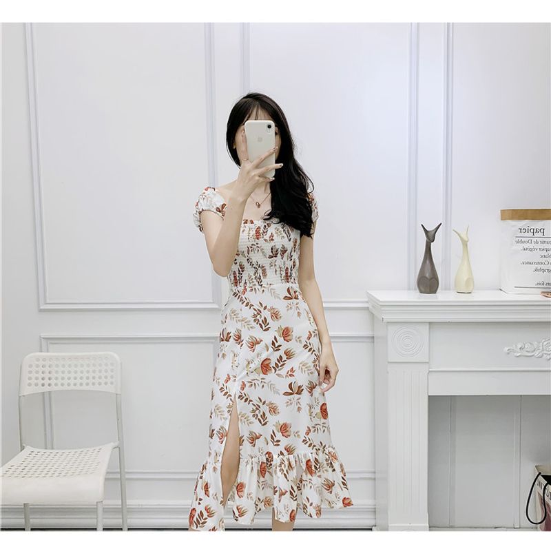 

2023 Summer Women s Clothing French Retro Print Elegance Square Collar Puff Sleeve Elastic Ruched High Waist Slit Dress Print XS