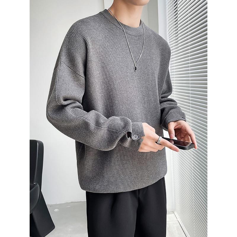 Men S Lazy Style Knit Sweater White Round Neck Long Sleeve Button Detail