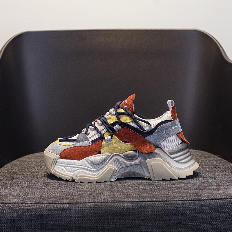 Suction Film Bottom Leather Thick Bottom Dirty Spring and Autumn New Trend Color Matching Mesh Sports and Leisure Women's Shoes