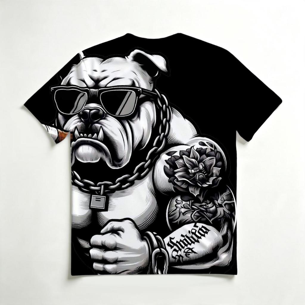Men's Crew Neck Short Sleeve T-Shirt, Fashion 3D Cool Muscular Tattoo Bulldog With Sunglasses Cigar Graphic Casual Daily Wear Tee