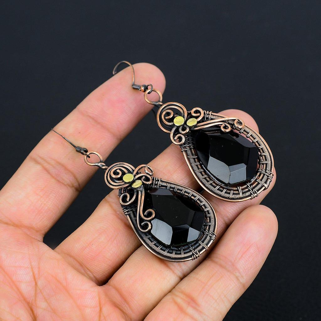 Black Spinel Earrings, 999 Copper Wire Wrapped Earrings Handmade Gemstone Jewelry, Gifts For Wife Brand New Earrings
