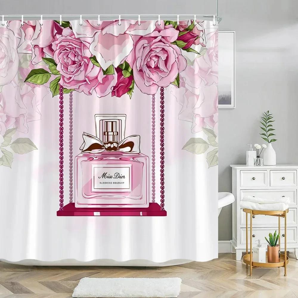 Pink Perfume High Heel Shower Curtain Set Black White Stripes Fashion Girl Woman Bathroom Decor Polyester Bathtub Curtains Hooks