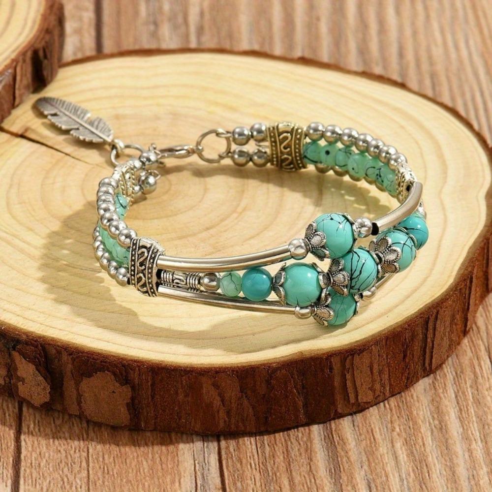 1 Stück Retro Durchbrochenes Armband Ethnisch Türkis Blatt Armband - Klassisches Design für Alltag und Feiertage, Elegant