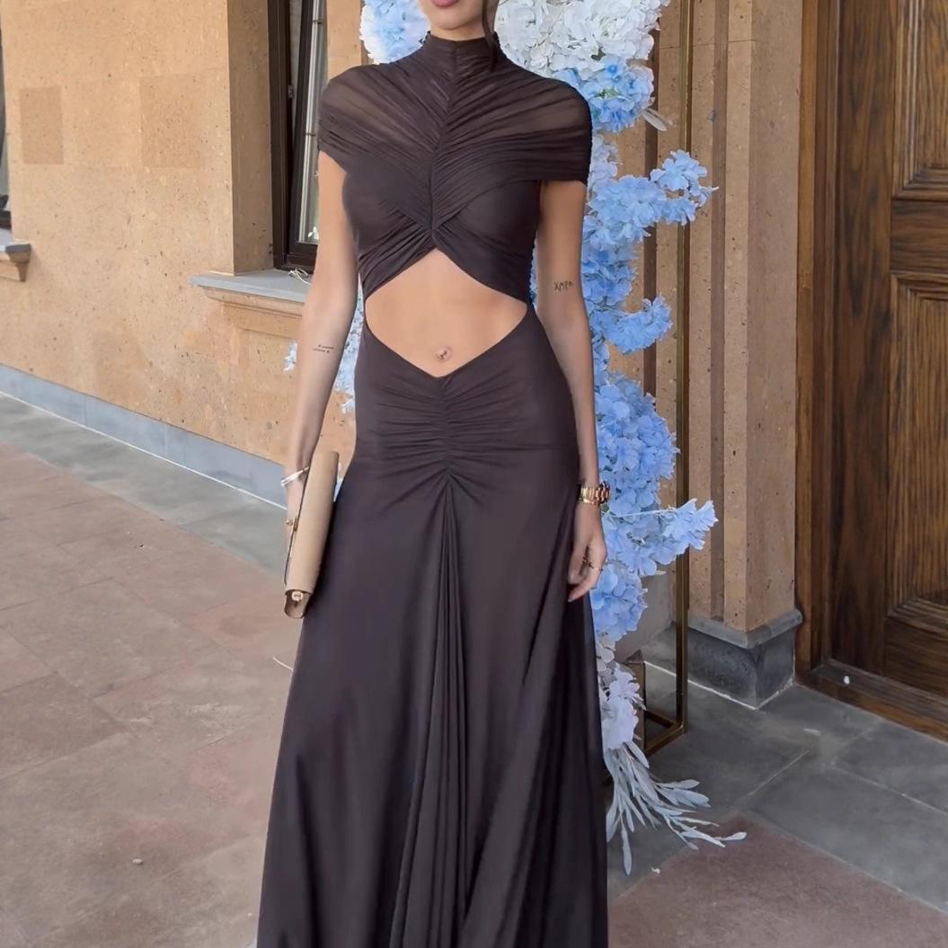 

European and American Sexy Women s Mesh Spliced Ruched Crop Top and Solid Color Dress with Round Neck Medium