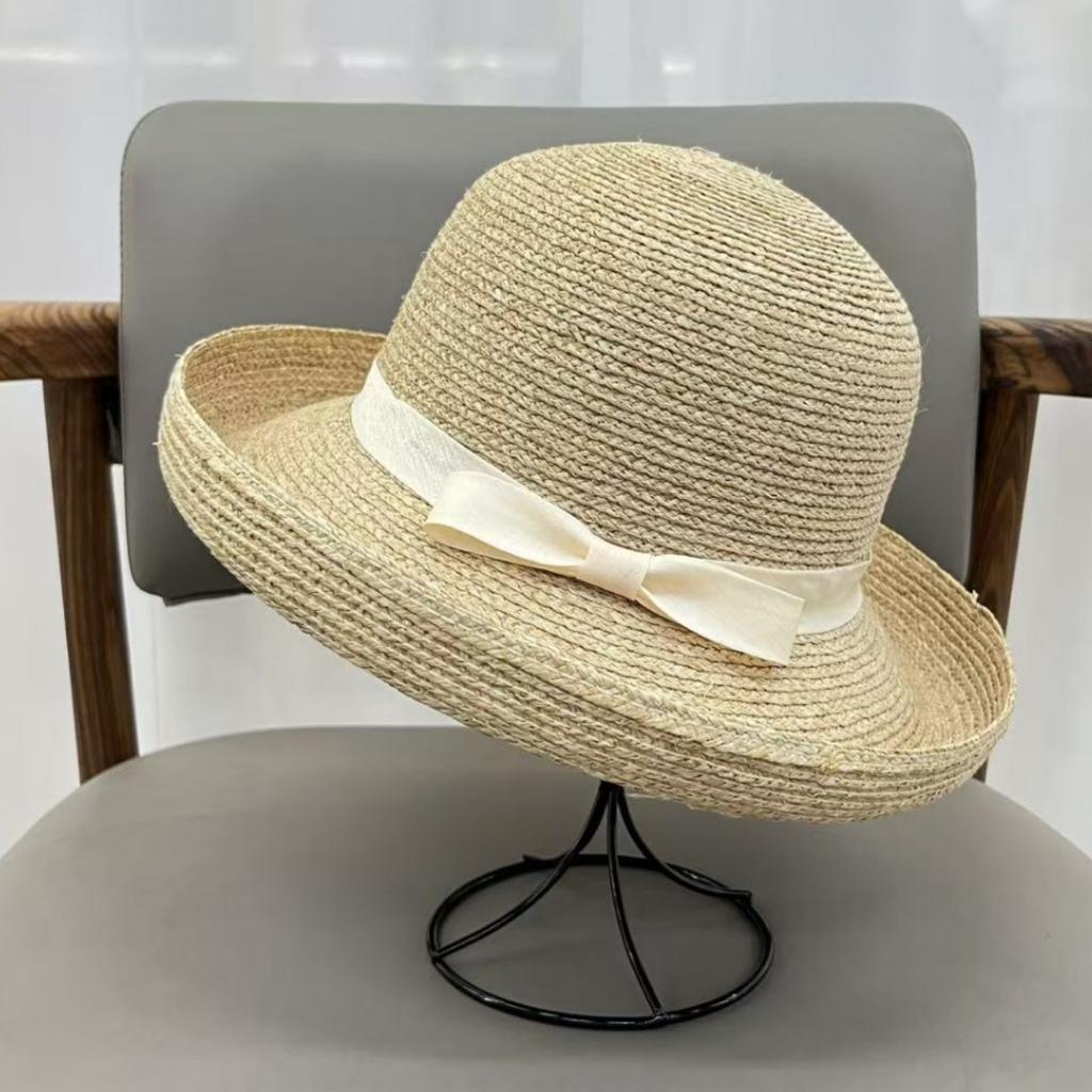 High-end natural raffia bucket hat women's summer travel seaside sunshade sunscreen crimped basin hat