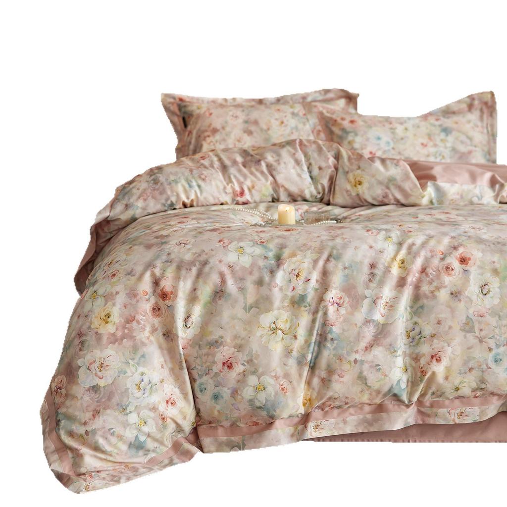 Light Luxury Class A 100S Long-Staple Cotton Satin Flower Digital Printing Four-Piece Set Bed Sheet Quilt Cover Bedding
